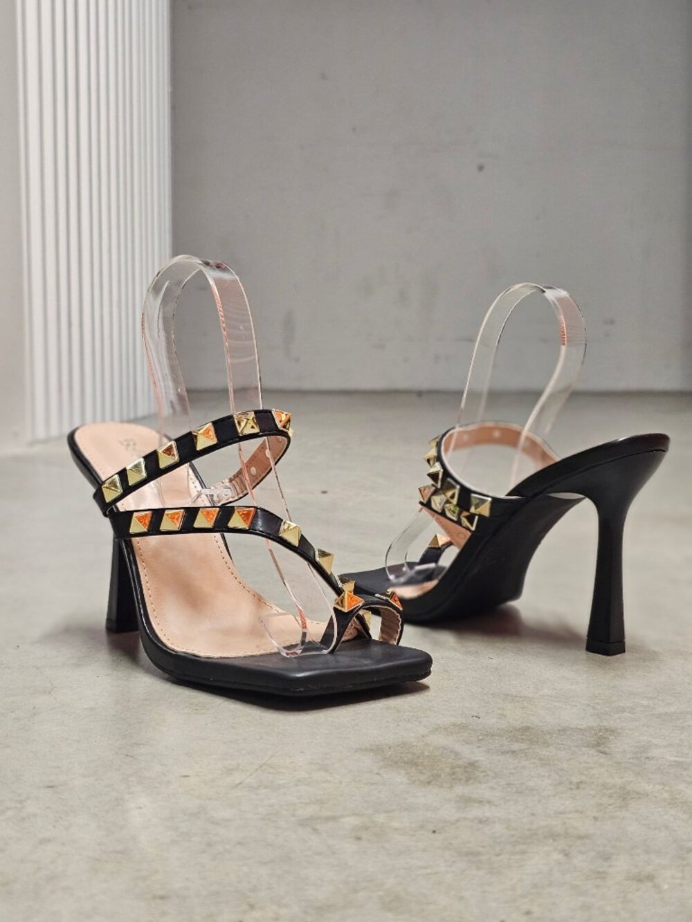 Black Studded High Heel Sandals With Straps And Square Toe Design For Women